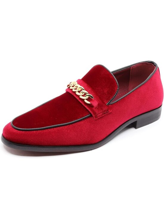Metrocharm Men\'s Red Vintage Velvet Loafers Gold Chain Buckle Slip On Shoes main image 4